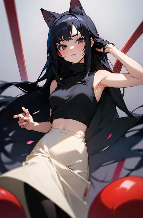 anime girl with long black hair and cat ears, wearing turtleneck croptop sleeveless