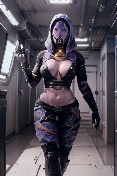 Solo, female, ((starship corridor)), black gloves, three fingers, ((cupping breasts))