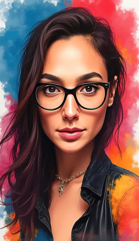 discreet image. with elegant clothes, discreet and glasses . , beautiful woman , hand drawn . SHE IS SEDUCTIVE , with a seductive smile . IMAGES WITH VIBRANT COLORS . with colorful background, long messy hair , front view