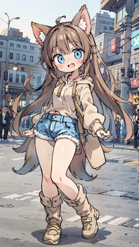 anime style、 fox ears、 woman、blue eyes brown hair、 beige hoodie 、 denim、 boots、 double teeth