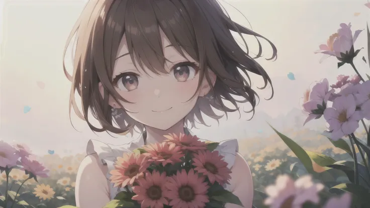  Best Smile、 cute anime girl、 brown hair with short cut hair, dynamic、solo、 in my heart 　 I remember
A gentle voice lingers in my ears 　
We spent time together 　Blooming on 々
 smiling flowers bloom 　 on a quiet morning
I still feel it now 　Those warm 
