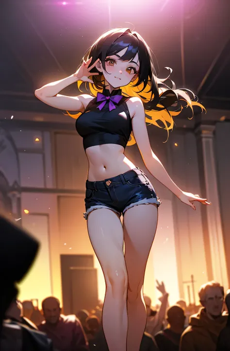 ((((Obra maestra, La mejor calidad, ultrahigh resolution)))), a clear view of a happy looking girl standing in a club waiting for someone)), (black t-shirt, jean shorts, black hair, long dark black hair), pale skin, ((brown eyes)), (glowing_eyes), ((ultra ...