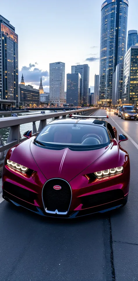" Bugatti Chiron:

color:

 - Mourning Tone : Intense wine  (#660066)
- Gloss : high,  with a touch of depth and richness
- :  Metallic paint with an effect of  " depth effect "

Design:

- Shape: aerodynamics,  finish with smooth lines and pronounced curv...