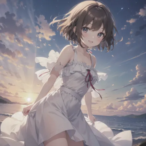  of the whole body,( top quality、4K、8k、 high resolution、 Masterpiece:1.2) best smile、 cute anime girl、 Brown Hair Shortcut Hair , dynamic、solo、White clothes,summer，A gentle voice that reminds me of a quiet sunrise