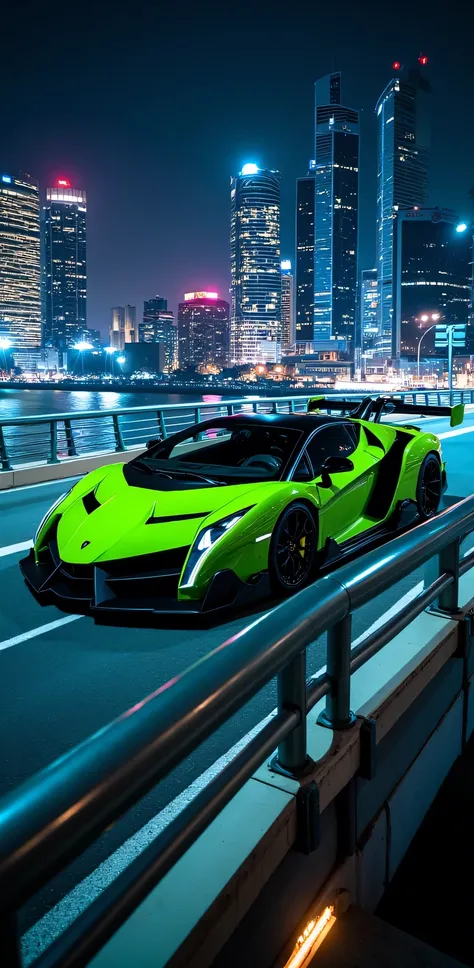 " Lamborghini Veneno : color: - Intense tone :  Metallic lime green  (# 33CC33 )  with details in matte black - Bright : high,  with a touch of depth and complexity - Paint :  Metallic with effect of  "color change"  depending on the angle of the light

De...