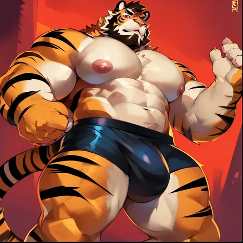 Solo, anthro, male (((tiger, red eyes, black pupils, muscular, huge pecs, abs, pink nipples, thin waist, orange body, orange fur, tan fur, brown stripes, brown facial hair, beard, short mustache, side burns, tiger tail, stripped tail, black shorts, big bul...