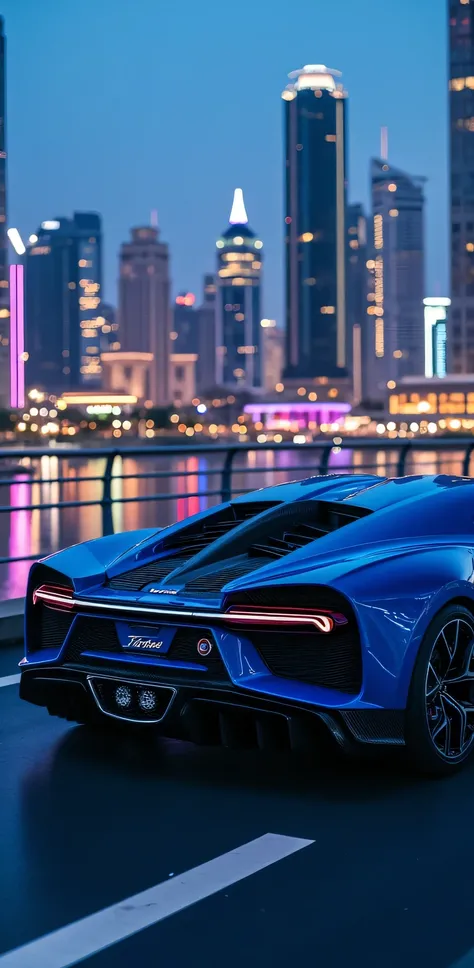 " Bugatti Chiron: color: - Intense shade :  Metallic Cobalt Blue  (#032B44)  with polished silver details - Gloss : high,  with a touch of depth and complexity - Painting :  Metallic with  "color change"  depending on the angle of the light

Design : - Sha...