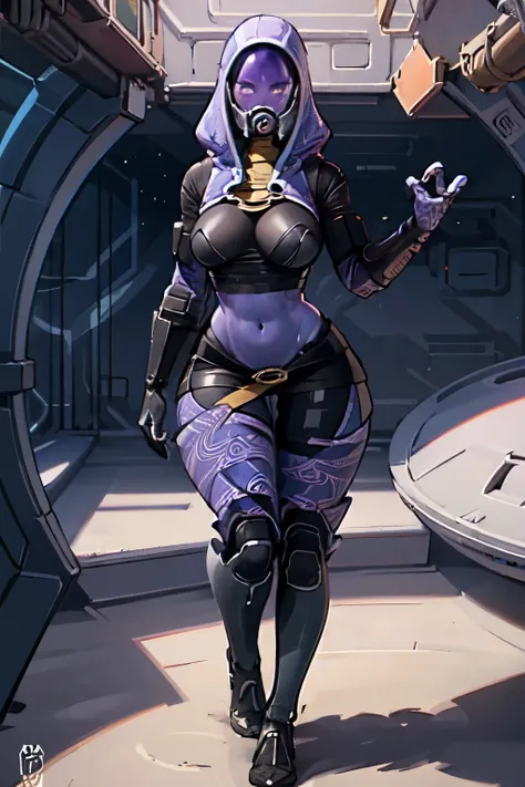 Solo, female, ((starship corridor)), black gloves, three fingers, ((cupping breasts))