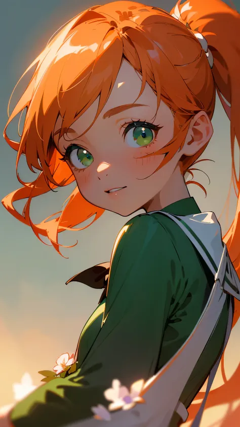 ( top quality、8k、32K、 Masterpiece、nffsw、 super A high resolution、Impressionism、 realism:1.2)、 beautiful girl、solo、 detailed face and eyes 、 ponytails in multiple、shiny orange hair、 green eyes、 open their mouths and laugh、 glowing skin、 sailor suit、 Pleated...