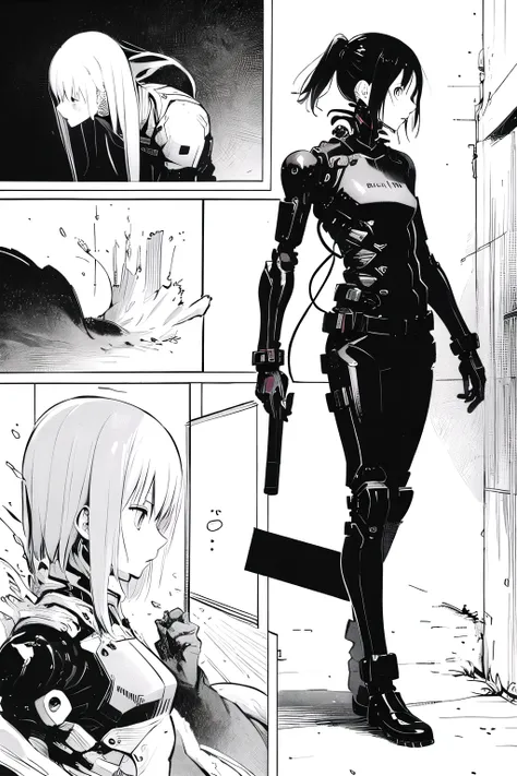 (( masterpiece)), ( better quality), 
Blame, Tsutomu Nihei, original, manga, comic, monochrome, 
food, cyborg, Long body,  full body, t-position ,  in profile , sideways,  Chapter 1, Blame, 1 girl, Without walking
