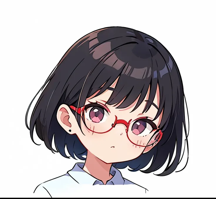 white background、front、from front、 angle from before、 Black Hair Shortcut 、 red glasses