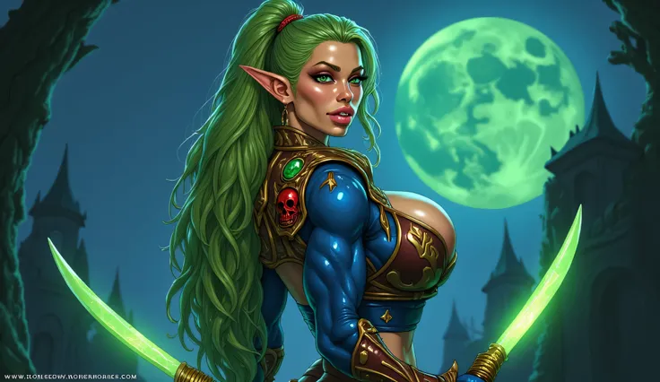 Тема игры World of Warcraft,full moon, extremely buxom buxom girl fox elf, Very bright green glowing eyes ,  Image of elf Valira Sanguinar , intense flirty look , side view , Beautiful and gorgeous elf , 32 years old,   with white hair ,  standing,  holds ...