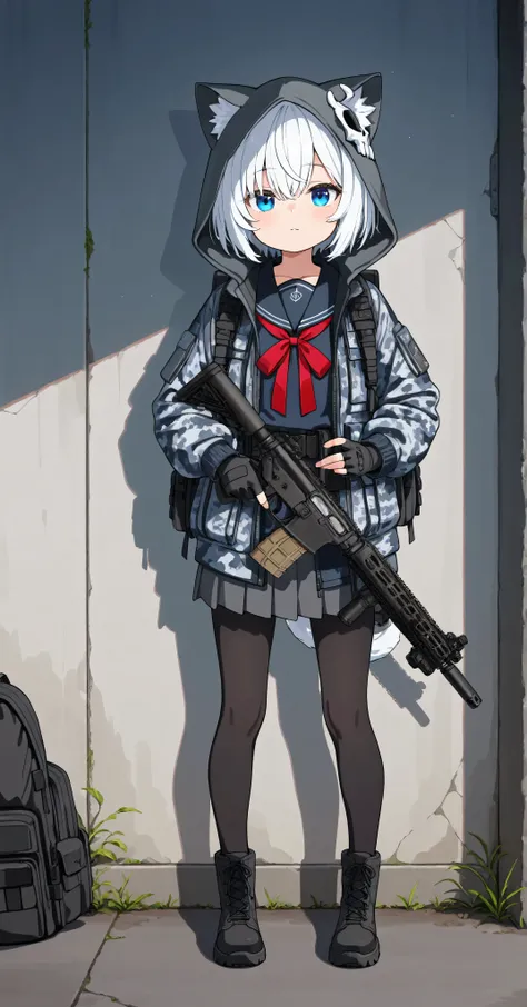 1girl solo Loli blue eyes bluish white hair 
The jacket is short and black,  with details in dark gray and red ,  simulating the tactical style of the operator .  The sailor collar has reinforced gray edges and a red ribbon with a skull clasp or mask .  Th...