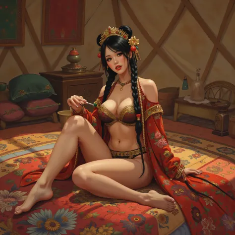 the proportions and detailed textures multicolored brushwork and softened with airbrush, semi-realism ink china illustration With a sexualized appearance resembling a young girl (in high quality full body), bold pose, perfect face, innocent look (bright em...