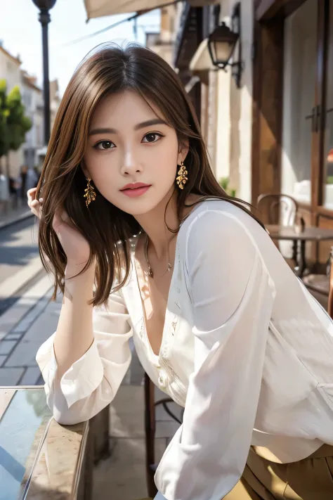 masterpiece、 top quality、 Genuine、 very detailed 、 Subtle Details、 high definition 、 8K wallpaper 、 beautiful woman、Wear a nice blouse、 on a nice cafe terrace 、noon、 light brown tousled hair 、 perfect dynamic composition 、 beautiful beautiful eyes、nice big...