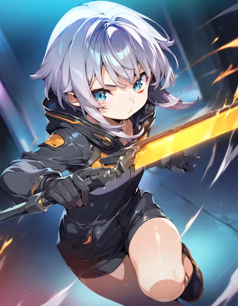 1girl,  little female, beautiful detailed eyes, wind, cyberpunk, weapon, stance, game CG, break,(artist:orion_(orionproject) ),artist:fujiyama,artist:onono_imoko,break,(masterpiece), (best quality), (ultra-detailed),(Detailed Lighting), very aesthetic, new...