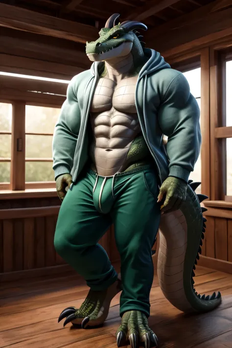  green dragon, face like a crocodile, innocent expression, gentle smile, Crocodile-like body, thick, Two black horns that branch off, Muscular Body, Big yellow eyes, sharp claw, White Fang, Huge crotch, bulging crotch, I'm wearing a gray hoodie with long s...