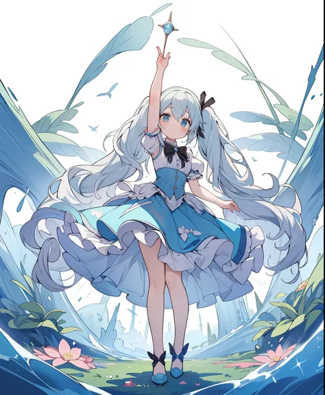 (Masterpiece、 top quality、 top quality、 Official Art、  beautiful and beautiful  :1.2)、( one girl:1.3) Hatsune Miku、 twin tails, beautiful breasts, ,Aerial view,Aerial Photos,Full body portrait,The whole body is Projected, is present, (masterPiece,Highest q...