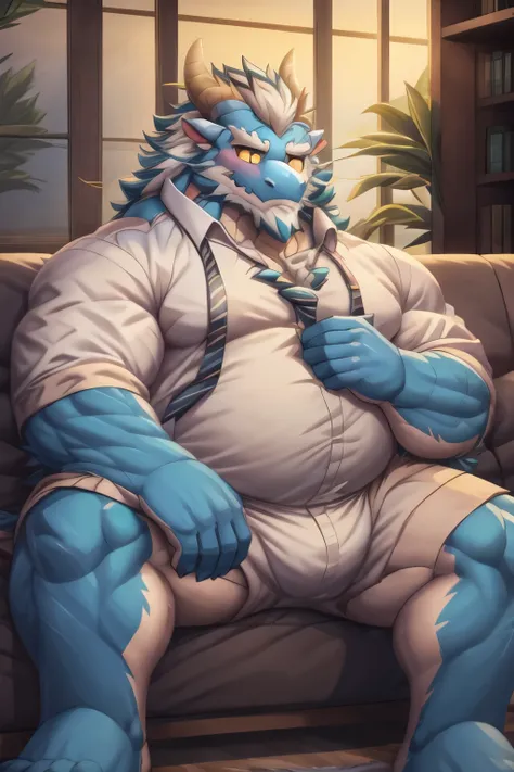 (Male, old male), (dilf, bara, muscular, slightly chubby), (furry, dragon, asian dragon), blue skin, eyes, (yellow iris, (white sclera:1.5)), (beard, two colored beard, mustache), horns, (long hair, two coloured hair), (white shirt, unbuttoned shirt), (flu...