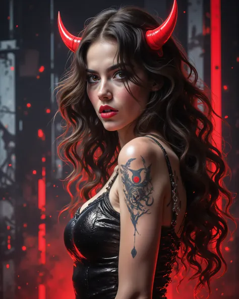 Create an image of a tender devilish American woman. With a Pop Art artistic style. With a Fashion photographic style. Evoking the emotion of Surprise. With the main theme of Fantasy. From a Medium Shot camera angle. In Vertical format. With Soft lighting....