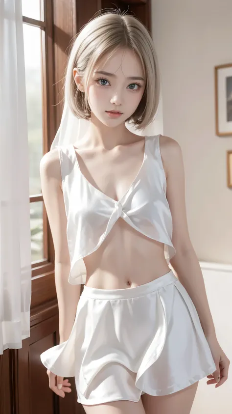  big eyes、Beautiful breasts、 blue eyes、 beautiful waistline、 beautiful eyes、Beautiful small face、 cute lips、(15-year-old high school girl、Young Face、Baby Face)、(((white silk sleeveless 、 white silk tight skirt)))、 naughty poses during sex with my boyfriend...