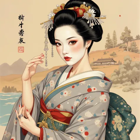the detailed proportions and textures brushed multicolored and softened with airbrush , a semi-realistic Chinese ink illustration A young traditional geisha of from the Edo period is shown (full body, pose and in high quality) in traditional Japanese (wes...