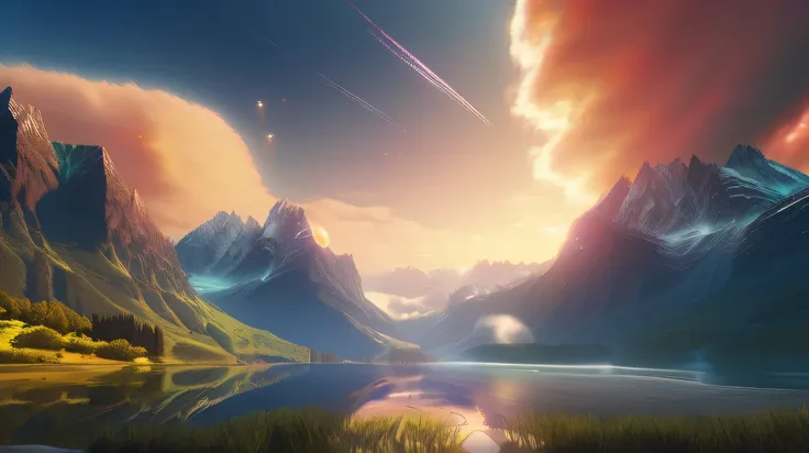  mountain range with magical valleys, forests, lakes , planet、interstellar、 Clouds 、 and a river full of everything and beautiful skies,  A super realistic , 4K, Unblurry , Shiny,  masterpiece, gorgeous,  Beautiful ,  8,000,  Ultra HD