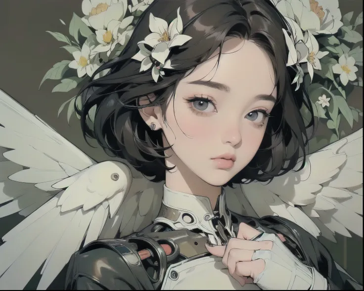 ((( Masterpiece,    top quality )))、(((32K Wallpaper)))、  woman with mechanical wings 、   perfect face、     Detailed Hair     、   upper body close-up with flowers entwined on face  、Lots of white flowers、Gorgeous light leaks、  short hair、((( blackい布のローブ)))...