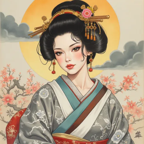 the detailed proportions and textures brushed multicolored and softened with airbrush , a semi-realistic Chinese ink illustration A young traditional geisha of from the Edo period is shown (full body, pose and in high quality) in traditional Japanese (wes...