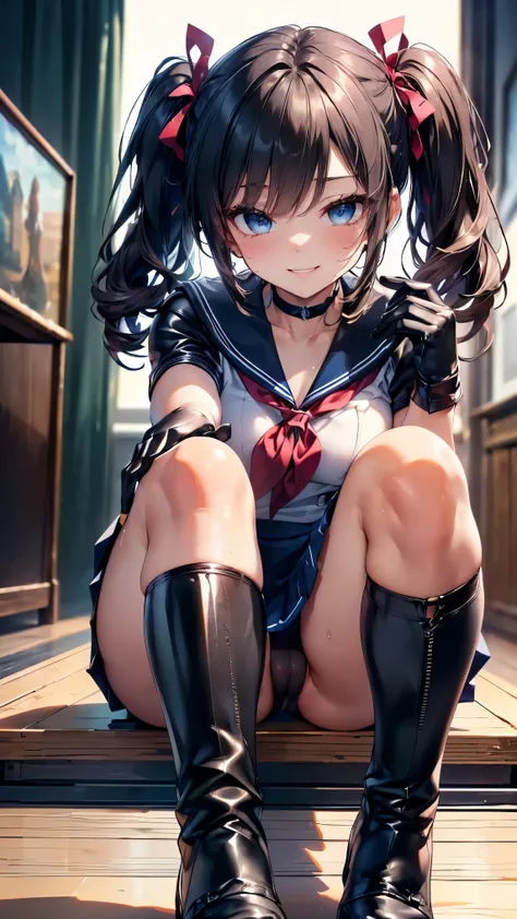  in the seat ，，(( dark hair twin tails )) ，((Very beautiful blue eyes ))，(( sailor suit， navy micro mini skirt ，Black leather choker， long black leather gloves ，black long leather boots :1.3))，((4K，8k，CG Unity，Masterpiece，Masterpiece， top quality:1.5))，Per...