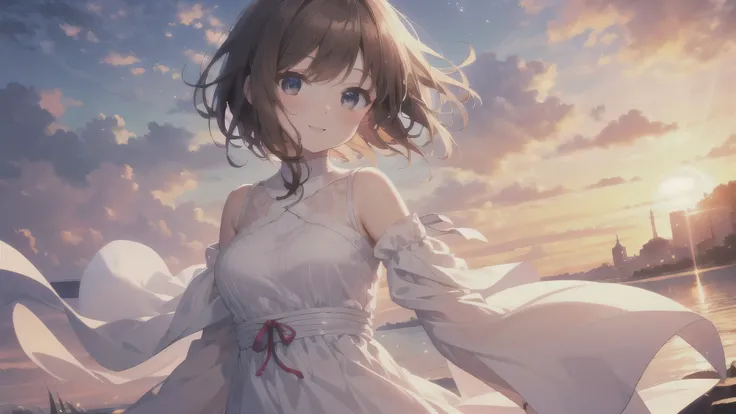 （（ of the whole body））,( top quality、4K、8k、 high resolution、 Masterpiece:1.2) best smile、 cute anime girl、 Brown Hair Shortcut Hair , dynamic、solo、White clothes,summer，A gentle voice that reminds me of a quiet sunrise