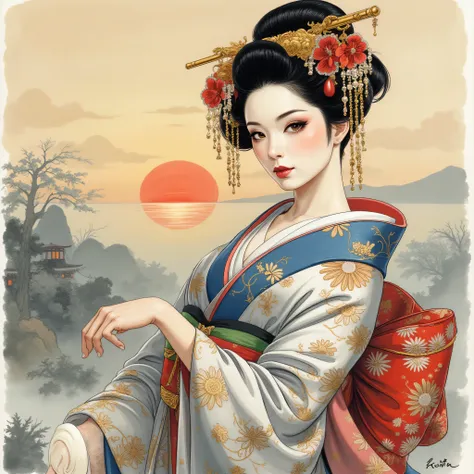 the detailed proportions and textures brushed multicolored and softened with airbrush , a semi-realistic Chinese ink illustration A young traditional geisha of from the Edo period is shown (full body, pose and in high quality) in traditional Japanese (wes...