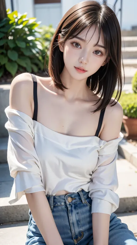 Asian woman with shoulder-length hair sitting on stairs,  short hair,  beautiful young Korean woman ,  photo taken using Sony A7R ,  gorgeous Chinese model , Wearing a cute top,  beautiful asian girl ,  beautiful young Korean woman ,  beautiful korean woma...