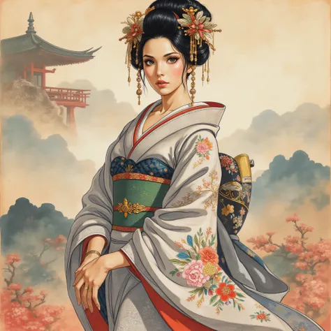 the detailed proportions and textures brushed multicolored and softened with airbrush , a semi-realistic Chinese ink illustration A young traditional geisha of from the Edo period is shown (full body, pose and in high quality) in traditional Japanese (wes...