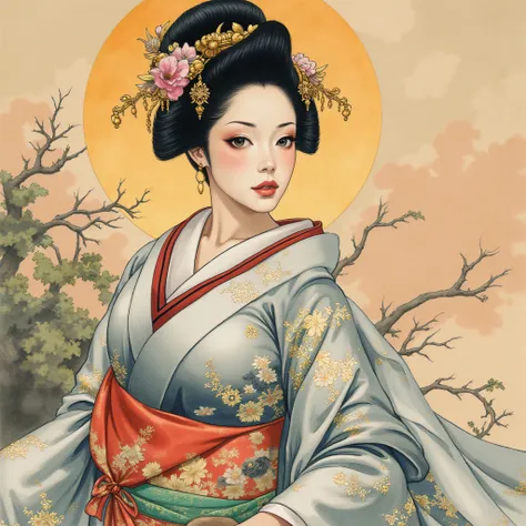 the detailed proportions and textures brushed multicolored and softened with airbrush , a semi-realistic Chinese ink illustration A young traditional geisha of from the Edo period is shown (full body, pose and in high quality) in traditional Japanese (wes...