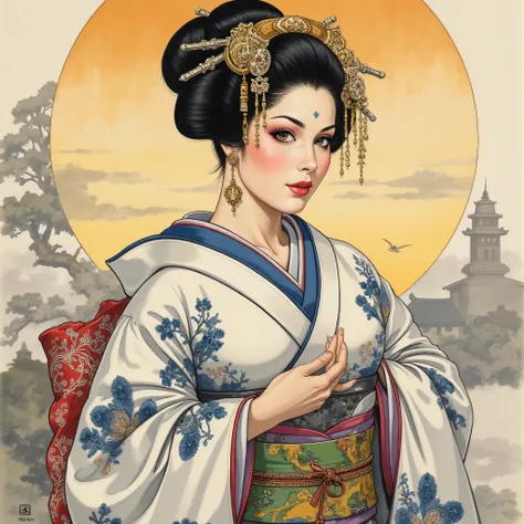 the detailed proportions and textures brushed multicolored and softened with airbrush, a semi-realistic Chinese ink illustration A young traditional geisha of from the Edo period is shown (full body, pose and in high quality) in traditional Japanese (weste...