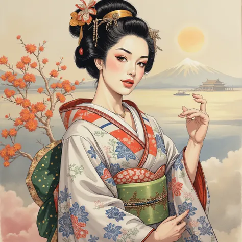 the detailed proportions and textures brushed multicolored and softened with airbrush, a semi-realistic Chinese ink illustration A young traditional geisha of from the Edo period is shown (full body, pose and in high quality) in traditional Japanese (weste...