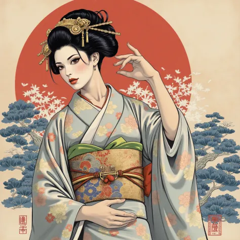 the detailed proportions and textures brushed multicolored and softened with airbrush, a semi-realistic Chinese ink illustration A young traditional geisha of from the Edo period is shown (full body, pose and in high quality) in traditional Japanese (weste...