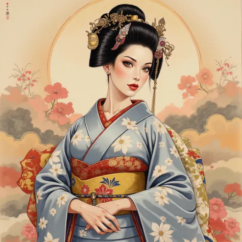 the detailed proportions and textures brushed multicolored and softened with airbrush, a semi-realistic Chinese ink illustration A young traditional geisha of from the Edo period is shown (full body, pose and in high quality) in traditional Japanese (weste...