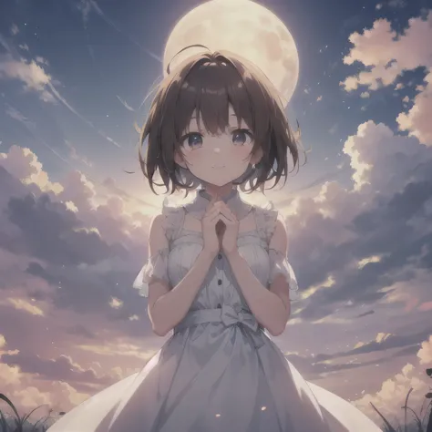 （（Looking up at the sky and raising hands ））,( top quality、4K、8k、 high resolution、 Masterpiece:1.2) best smile、 cute anime girl、 Brown Hair Shortcut Hair , dynamic、solo、White clothes,summer， a gentle voice that reminds me of a quiet sunrise