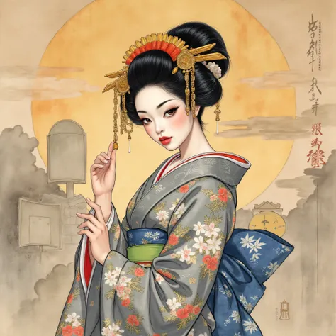 the detailed proportions and textures brushed multicolored and softened with airbrush, a semi-realistic Chinese ink illustration A young traditional geisha of from the Edo period is shown (full body, pose and in high quality) in traditional Japanese (weste...
