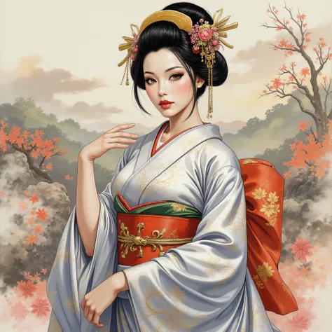 the detailed proportions and textures brushed multicolored and softened with airbrush, a semi-realistic Chinese ink illustration A young traditional geisha of from the Edo period is shown (full body, pose and in high quality) in traditional Japanese (weste...