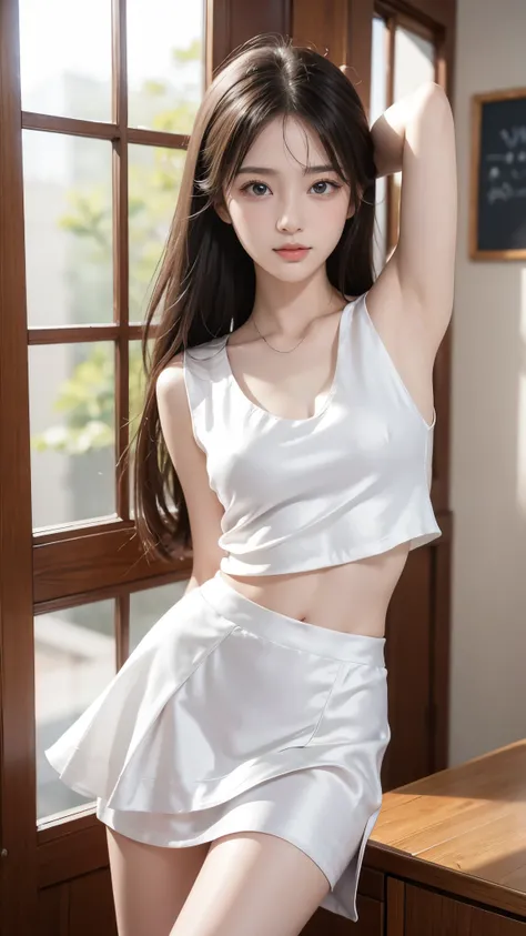  big eyes、Beautiful breasts、 blue eyes、 beautiful waistline、 beautiful eyes、Beautiful small face、 cute lips、((15-year-old high school girl、Young Face、Baby Face))、(((white silk sleeveless 、 white silk tight skirt)))、 naughty poses during sex with my boyfrie...