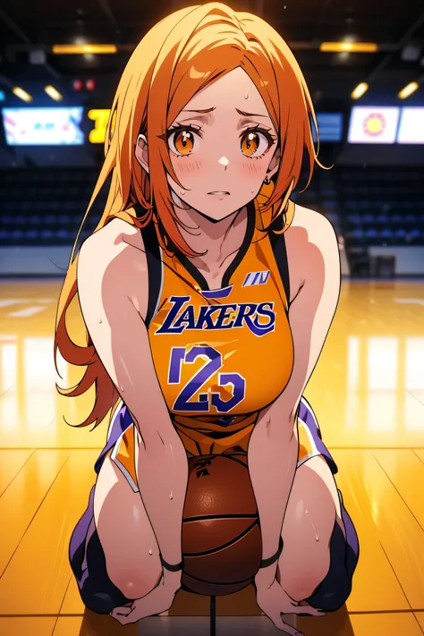  wearing a yellow Los Angeles Lakers basketball jersey.
	•	She has long, orange  hair, and her brown eyes stand out against her fair skin.
	•	Her face and body are covered in sweat, and she appears to be in an intense moment, possibly after physical activi...