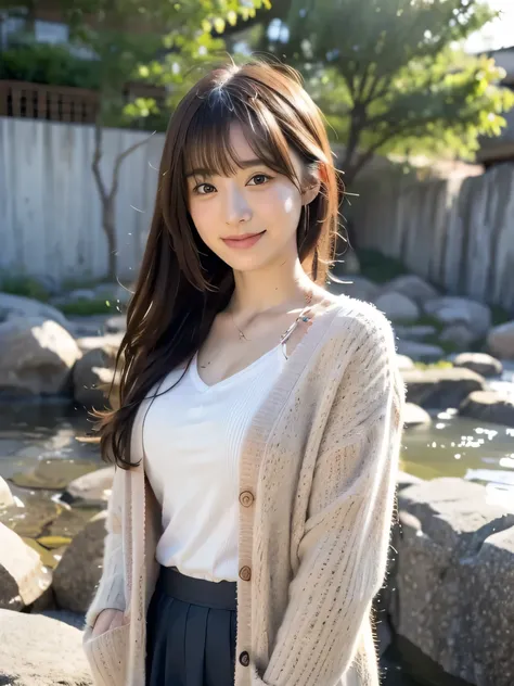1 girl, solo, long hair, hair parted to the middle,Hair tucked behind ear,Hot Spring Town,Kusatsu,Yubatake ,Cardigan and long skirt, happy/joy, Light blush, Hair ties, high resolution, look, top quality, anatomically correct,