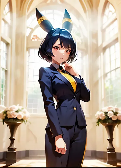  A dramatic wedding scene on a majestic gothic-romantic altar ,  with an anime-style woman standing confidently under a soft golden light that filters through a frosted glass window.  She has jet black hair Pixie cut with shiny texture ,  vibrant red eyes ...