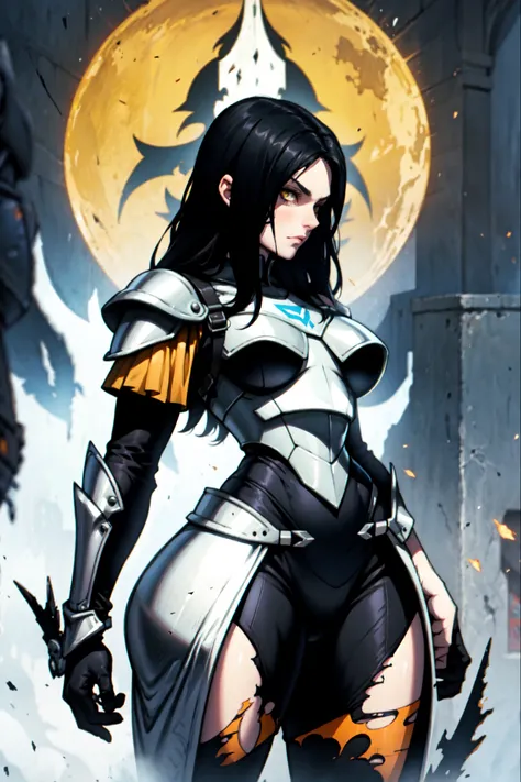 armor broken armor worn armor chipped armor torn armor broken armor solo girl black hair yellow eyes pale skin huge muscles large breasts thick