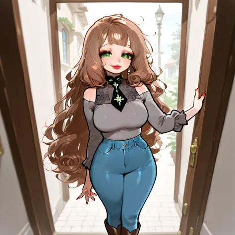 A tall, slender woman with medium breasts and green eyes stands confidently in a doorway, smiling. She has long brown hair with curly bangs and a messy, carefree look. Her grey blouse fits perfectly, and she wears a long necktie that adds a stylish touch. ...