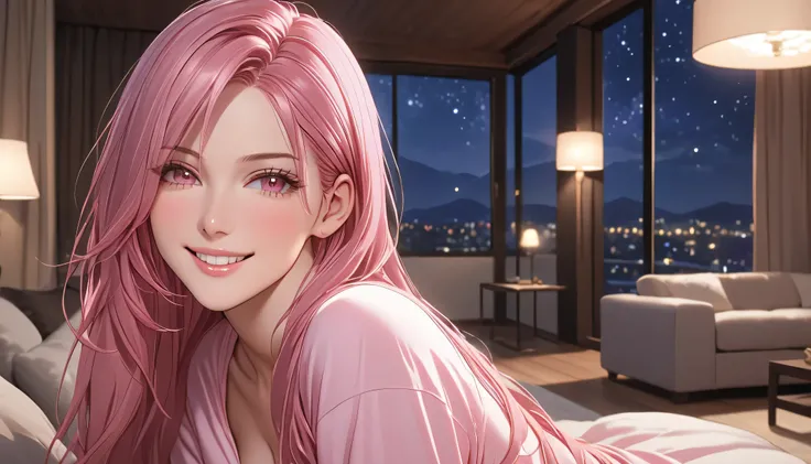 1 woman, semi realistic, Masterpiece, Master work, perfect, mature body, big size breast, straight half body long hair, soft pink colored hair, pink eyes, eyesmile, happy face, parted lips, with shirt, in the night living room, high res, ultrasharp, lookin...