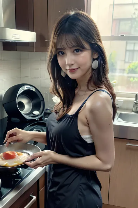   woman cooking breakfast in the kitchen、Looking back and smiling 、 I'm making a fried egg、 tank top、 side breasts visible、 large size clothes、 panties in a black suit are visible、I'm wearing mittens

1 girl, brown hair, medium hair, brown eyes, full body,...